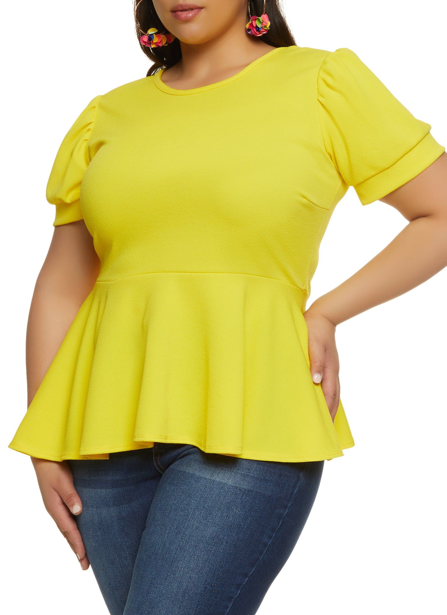 Plus Size Solid Crepe Knit Peplum Top sold by Rainbow