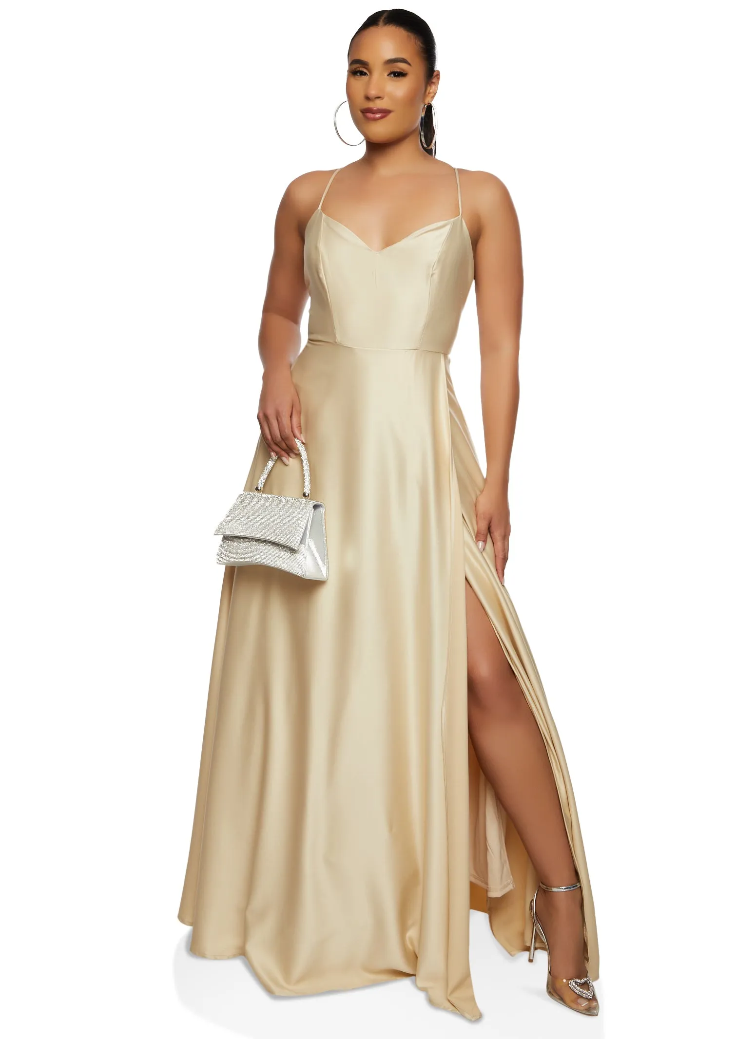 Satin Criss Cross Back Maxi Dress sold by Rainbow