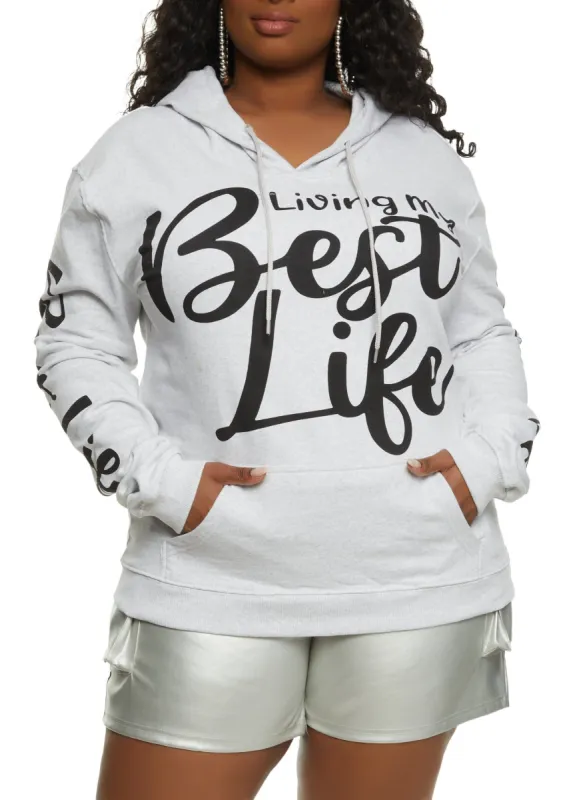 Plus Size Fleece Living My Best Life Graphic Hoodie sold by Rainbow