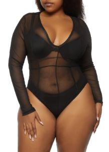 Plus Size V Neck Mesh Bodysuit sold by Rainbow