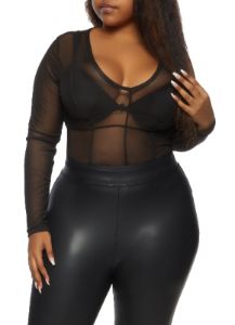 Plus Size V Neck Mesh Bodysuit sold by Rainbow