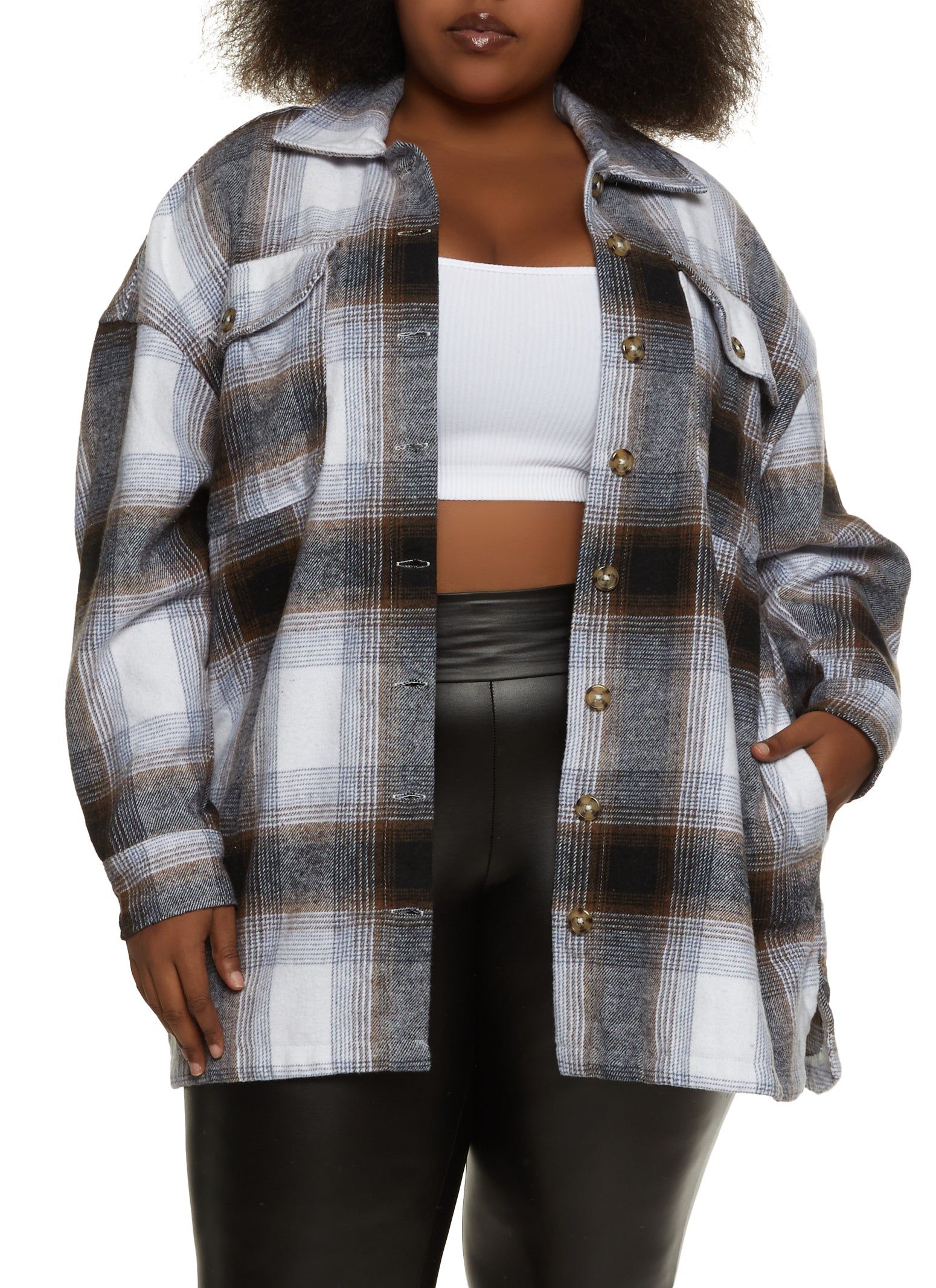 Plus Size Plaid Button Front Shacket sold by Rainbow