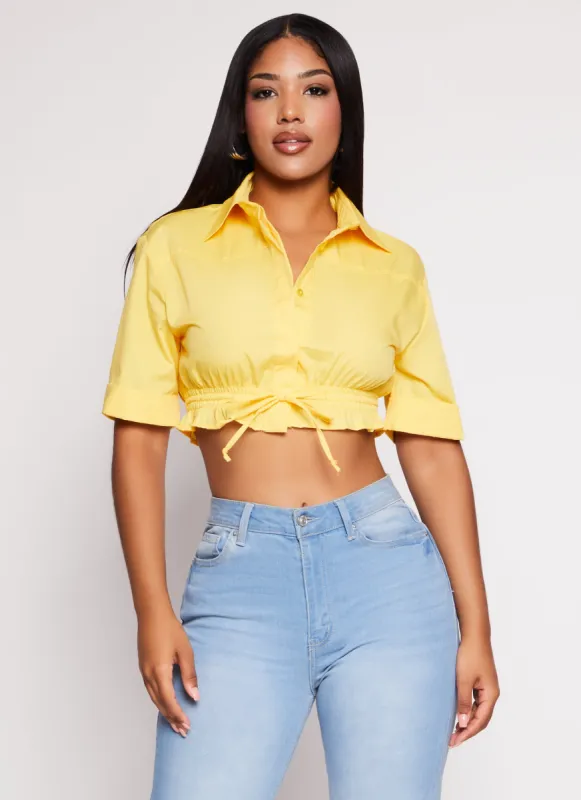 Poplin Button Front Drawstring Hem Shirt sold by Rainbow