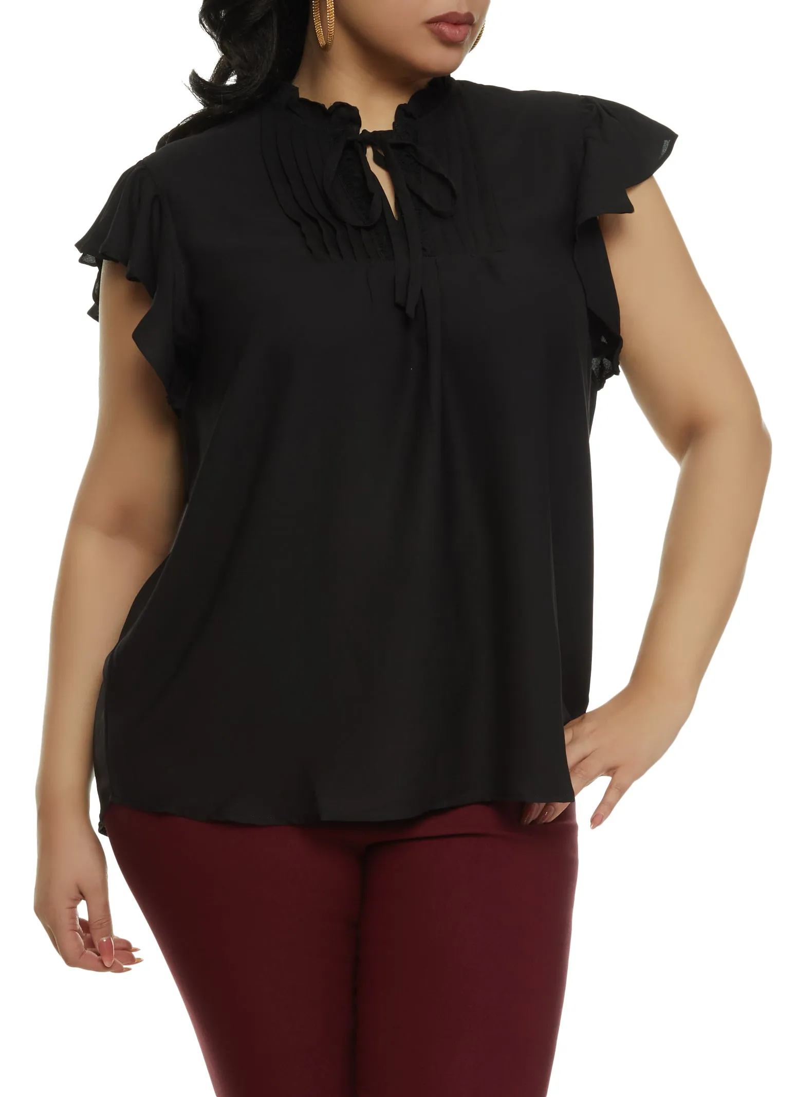 Plus Size Flutter Sleeve Tie Neck Blouse sold by Rainbow