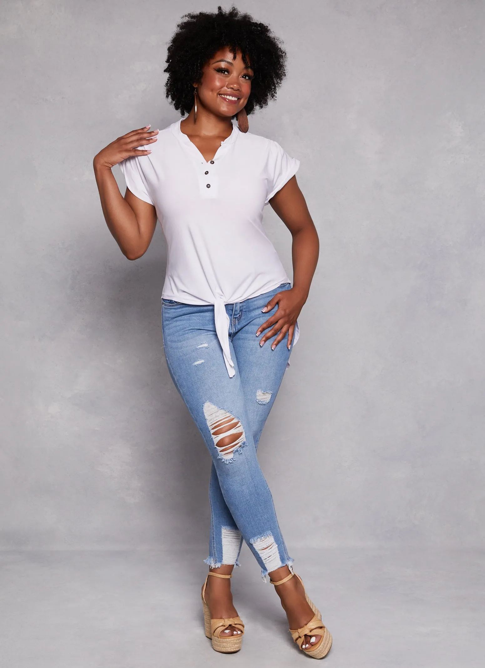 Plus Size Tie Front Half Button High Low Top sold by Rainbow product image thumbnail 2