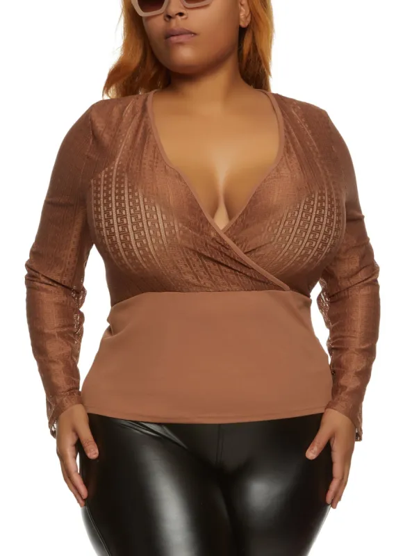 Plus Size Greek Key Detail Faux Wrap Top sold by Rainbow