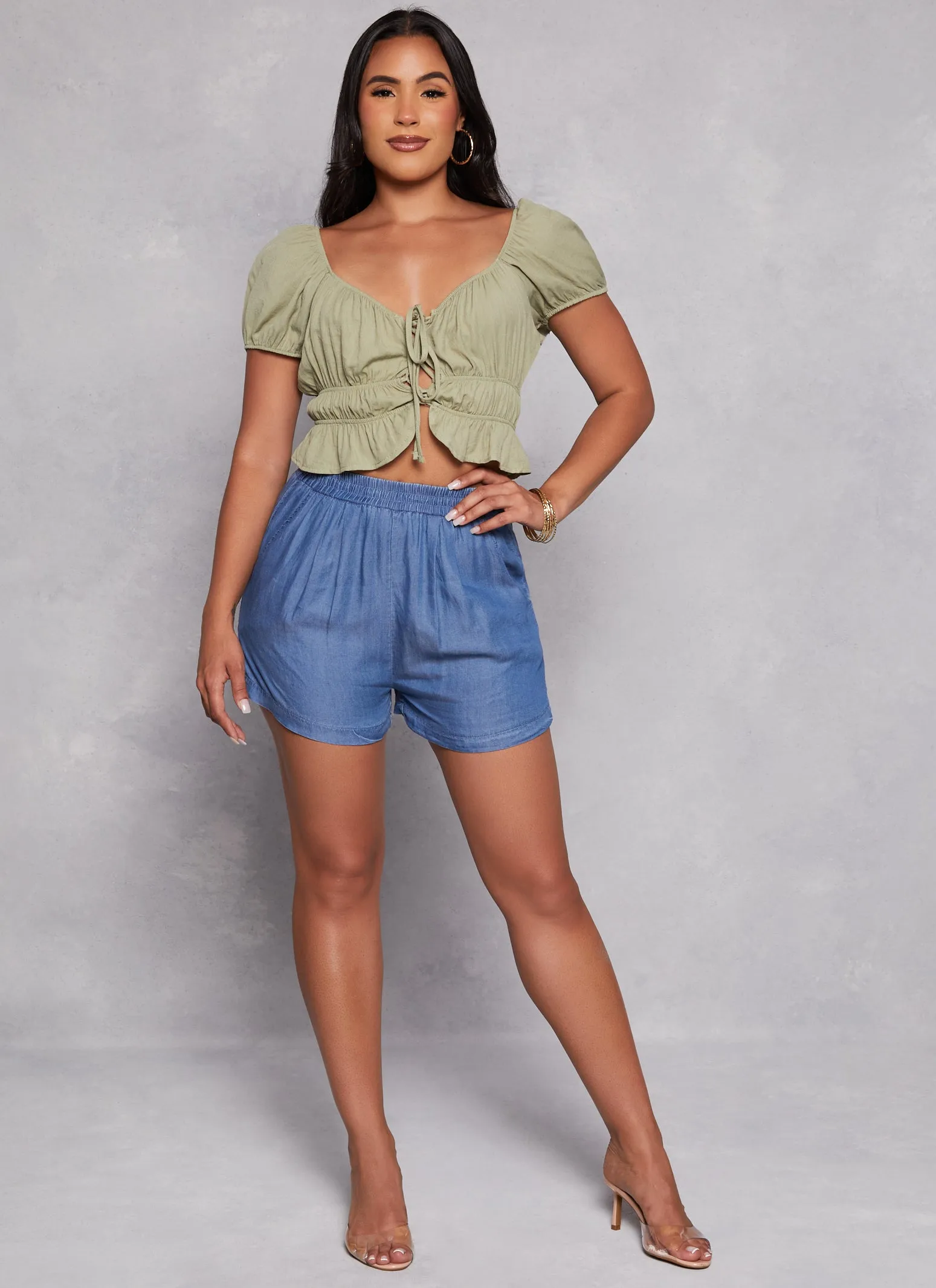 Linen Tie Front Peasant Top sold by Rainbow