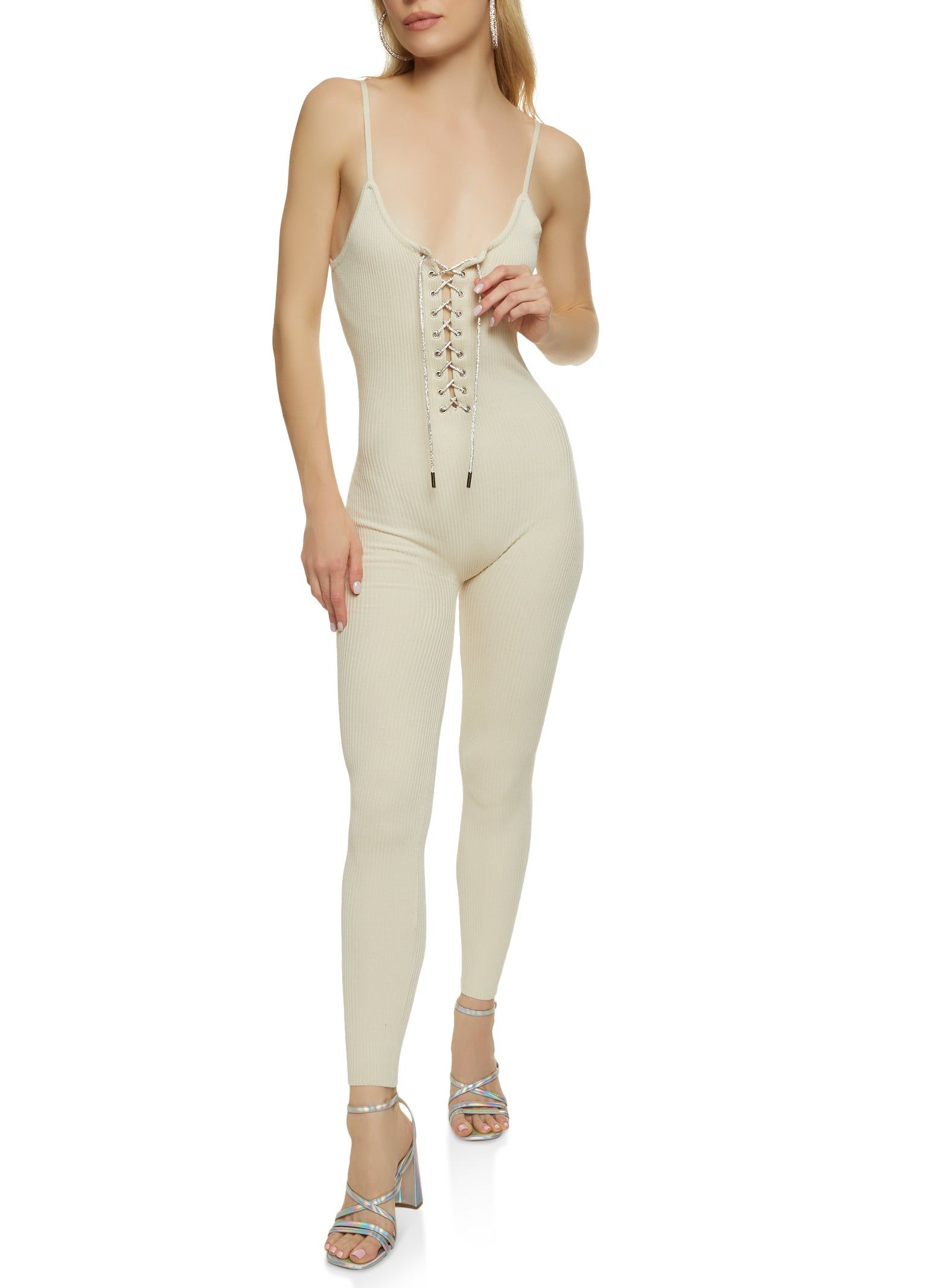 Ribbed Rhinestone Lace Up Jumpsuit sold by Rainbow