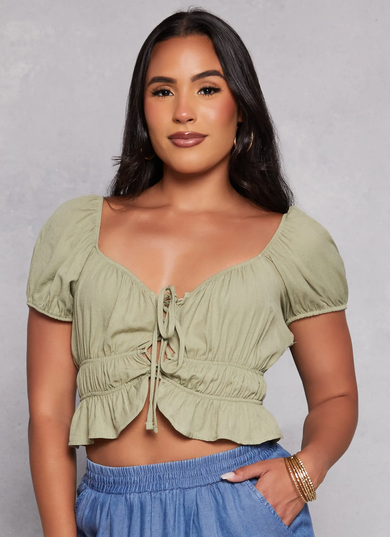 Linen Tie Front Peasant Top sold by Rainbow product image thumbnail 2