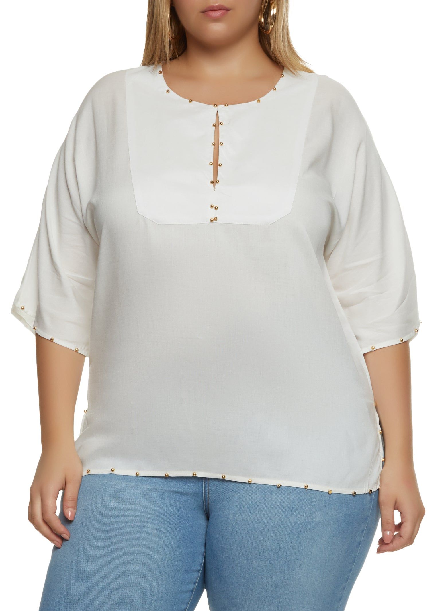 Plus Size Studded Trim Keyhole Front Top sold by Rainbow