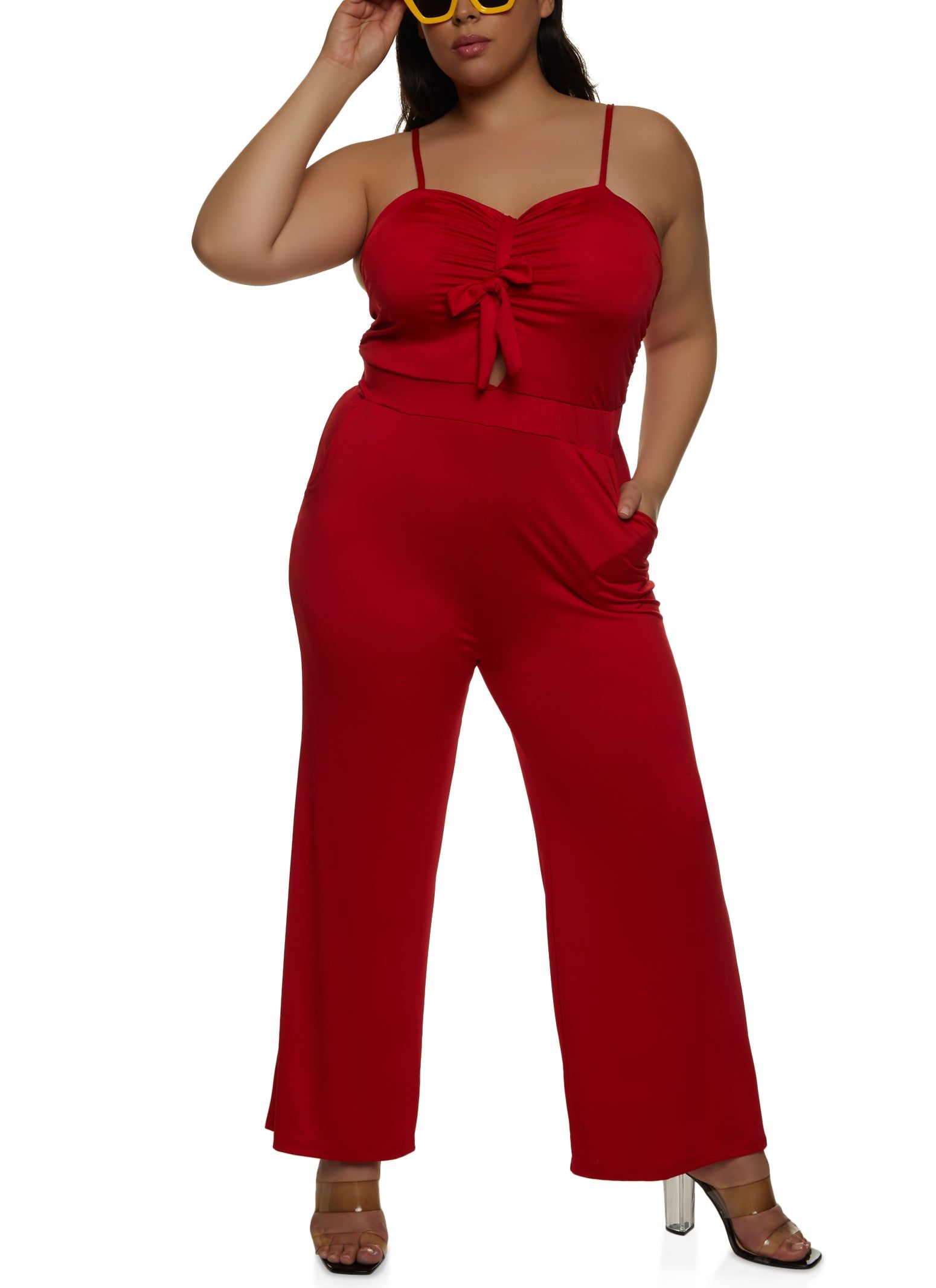Plus Size Tie Front Keyhole Wide Leg Jumpsuit sold by Rainbow