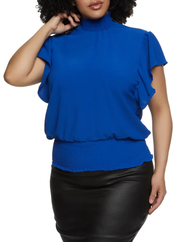 Plus Size Gauze Knit Smocked Mock Neck Blouse sold by Rainbow