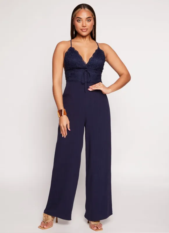 Linen Lace Detail Criss Cross Back Jumpsuit sold by Rainbow