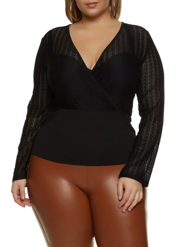 Plus Size Greek Key Detail Faux Wrap Top sold by Rainbow