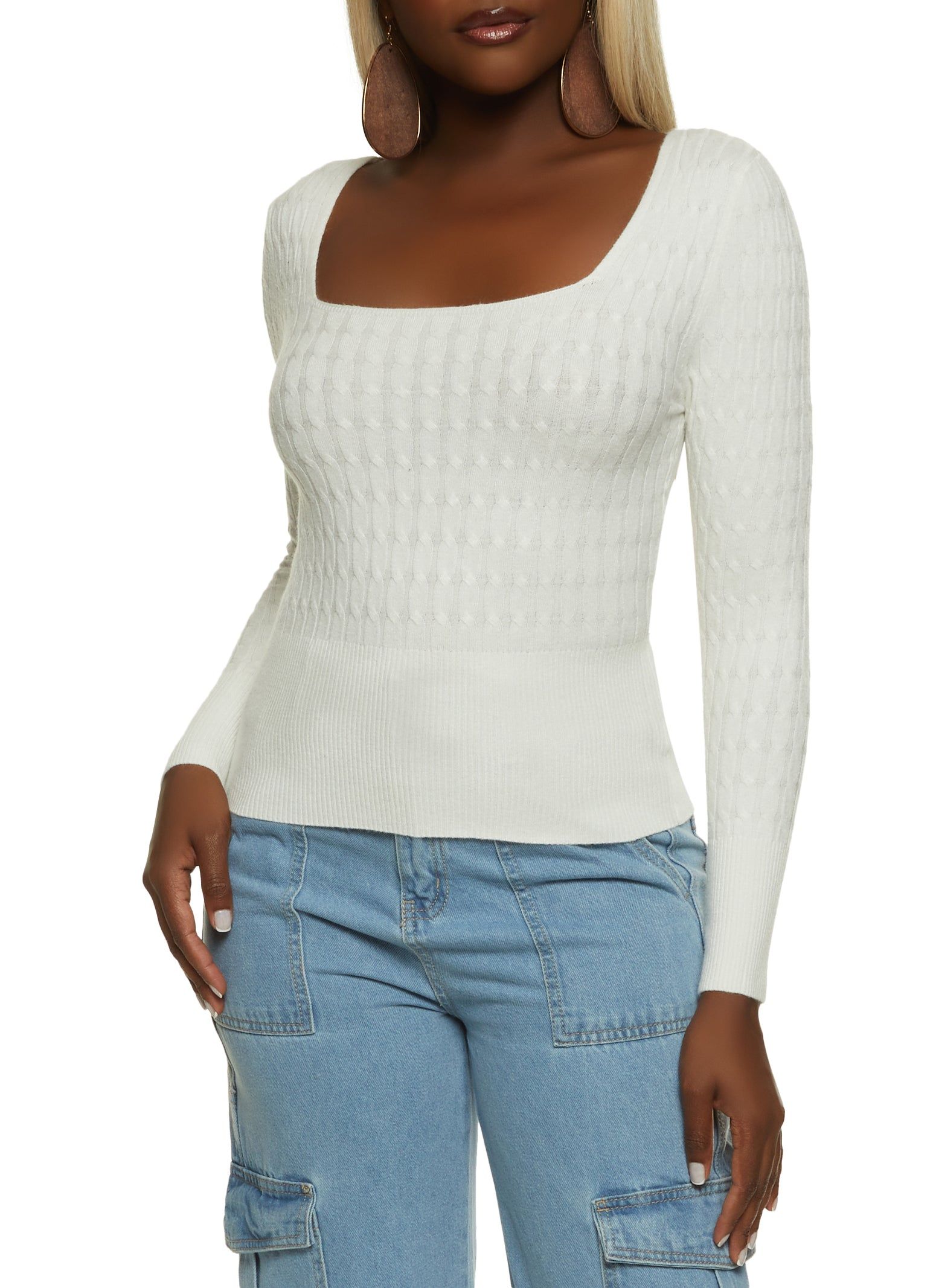 Ribbed Cable Knit Square Neck Sweater sold by Rainbow