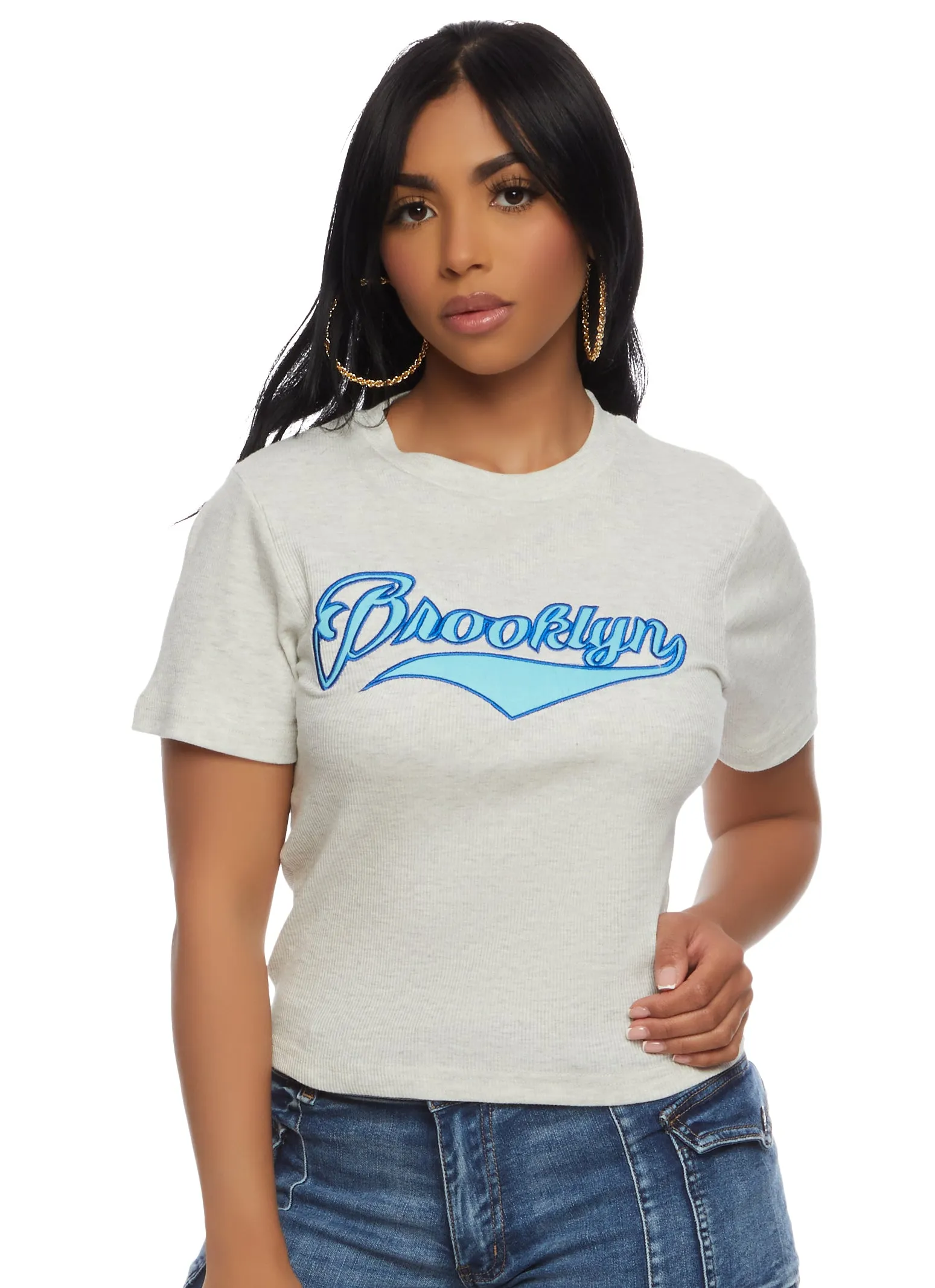 Ribbed Knit Brooklyn Crew Neck Tee sold by Rainbow