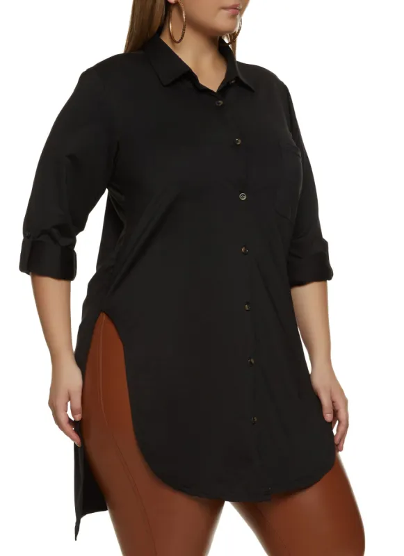 Plus Size Tabbed Sleeve Button Down Tunic Shirt sold by Rainbow
