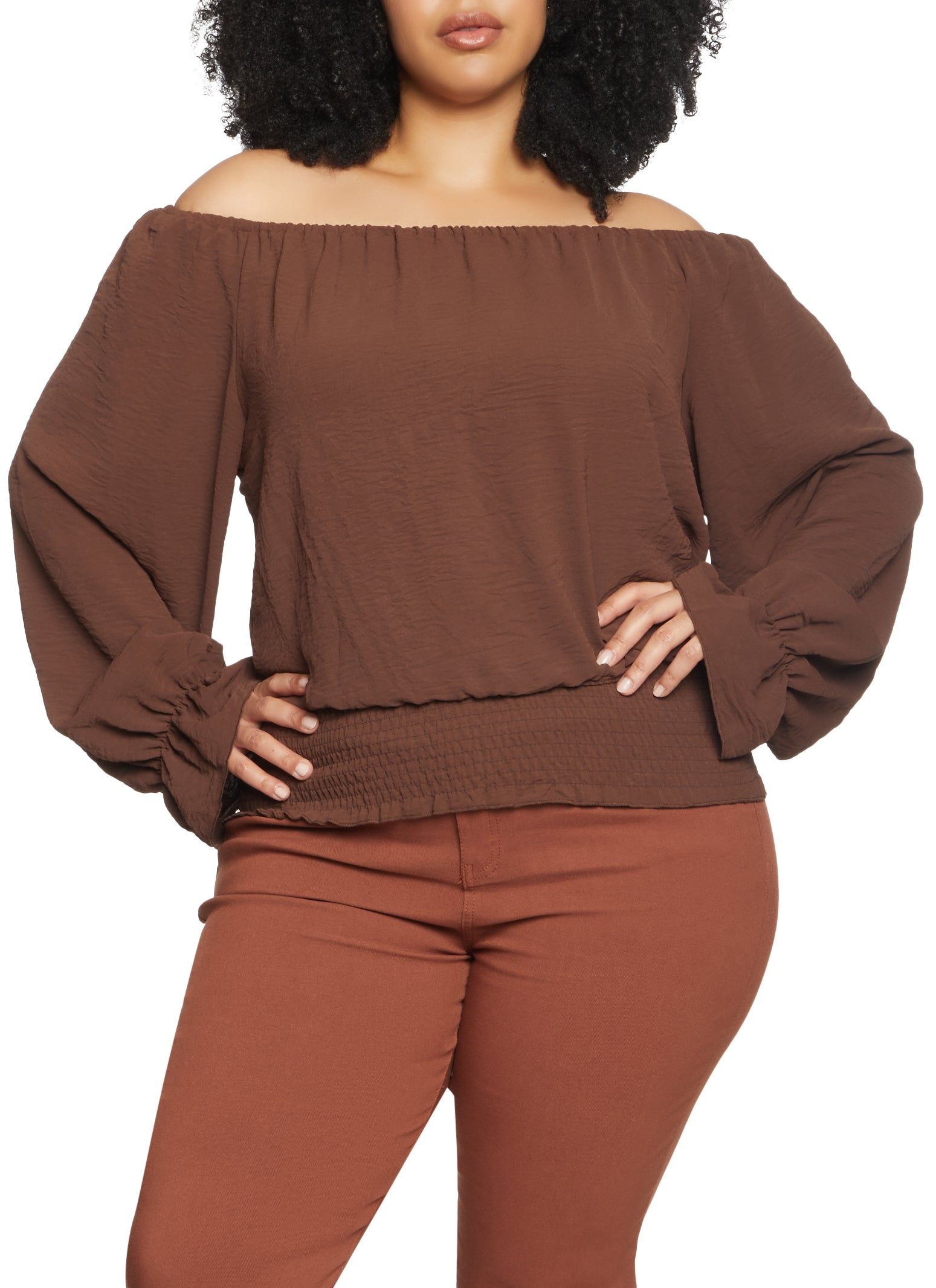 Plus Size Off the Shoulder Smocked Waist Top sold by Rainbow