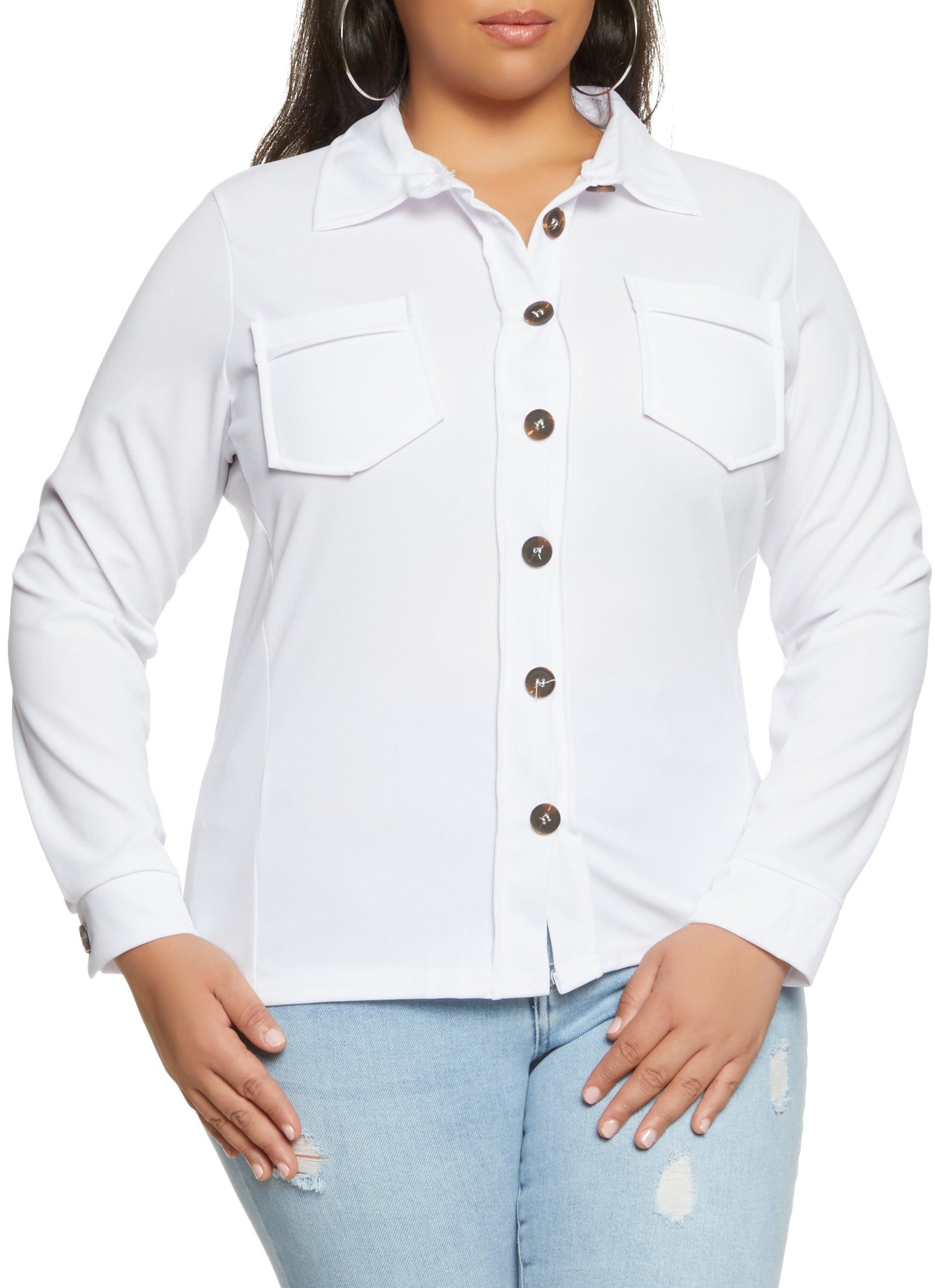 Plus Size Solid Crepe Knit Button Down Shirt sold by Rainbow