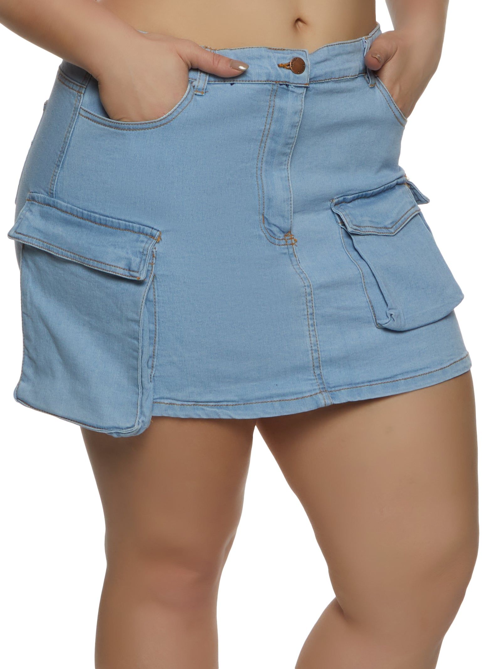 Plus Size Denim Cargo Pocket Mini Skirt sold by Rainbow