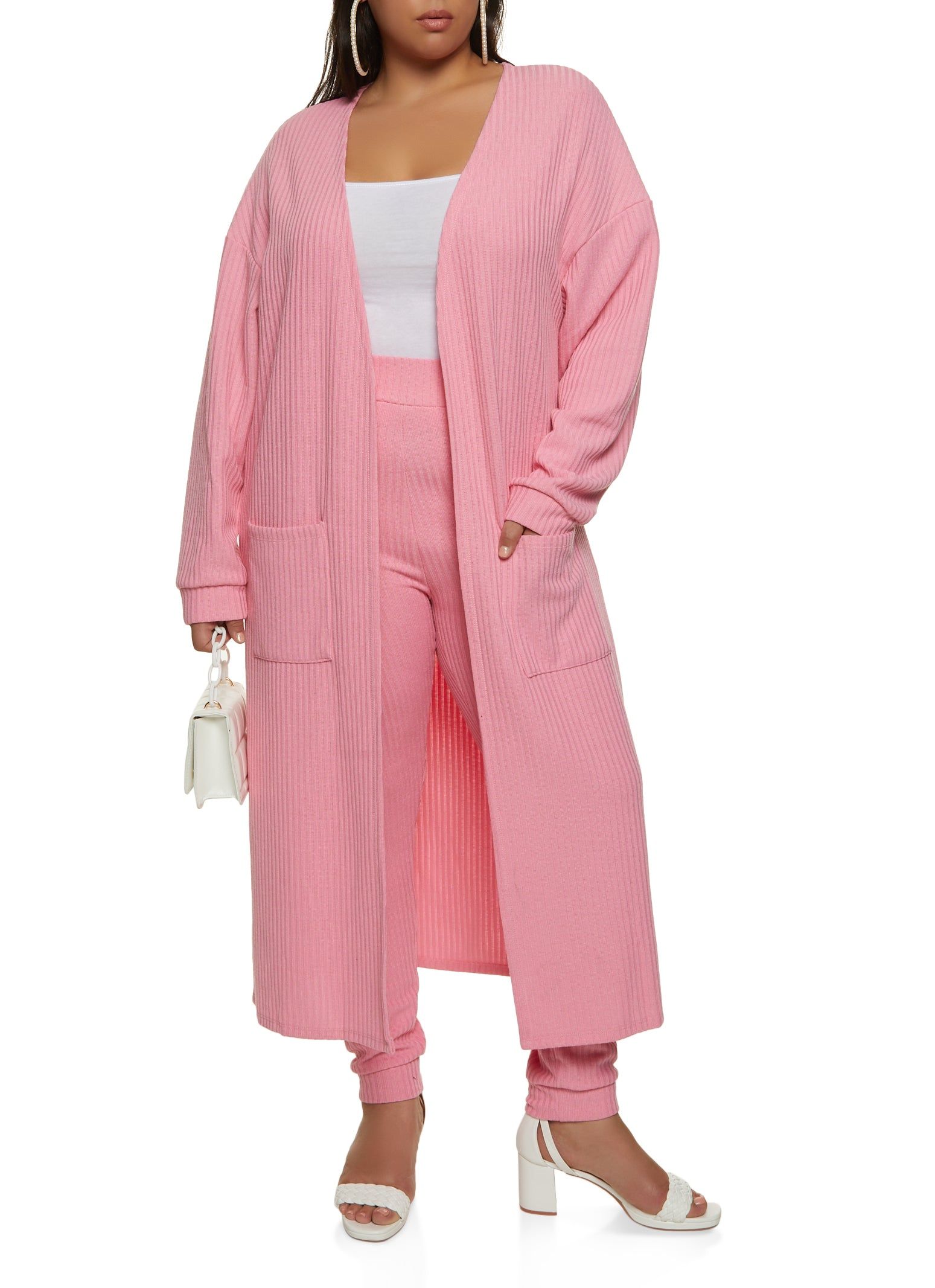 Plus Size Ribbed Knit Pocket Long Cardigan sold by Rainbow