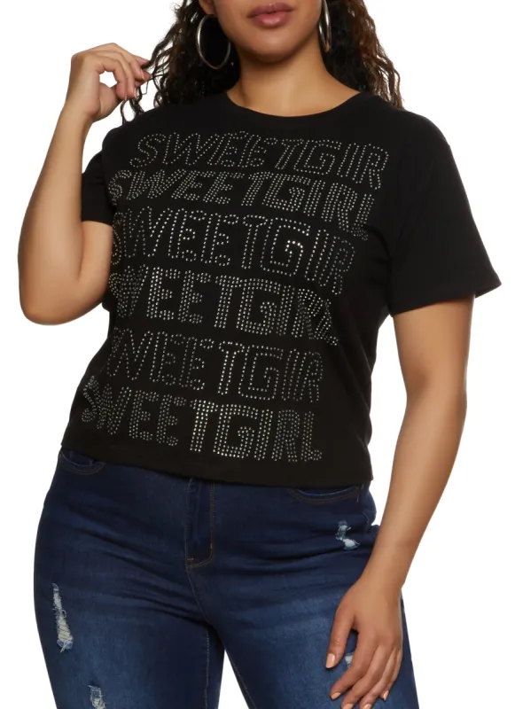 Plus Size Rhinestone Sweet Girl Graphic Tee sold by Rainbow