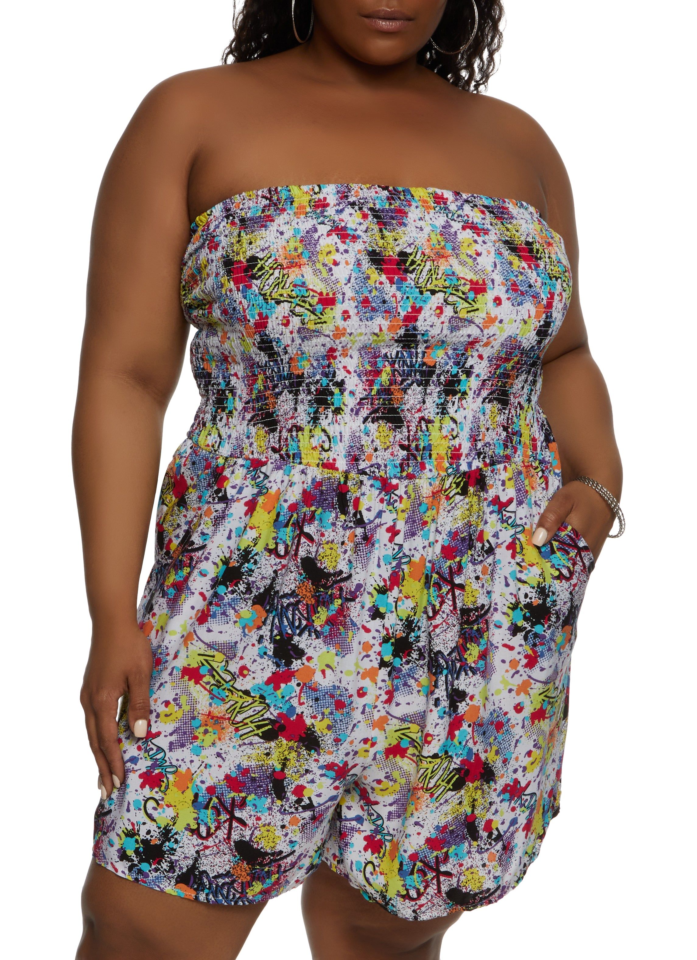 Plus Size Graffiti Print Strapless Romper sold by Rainbow
