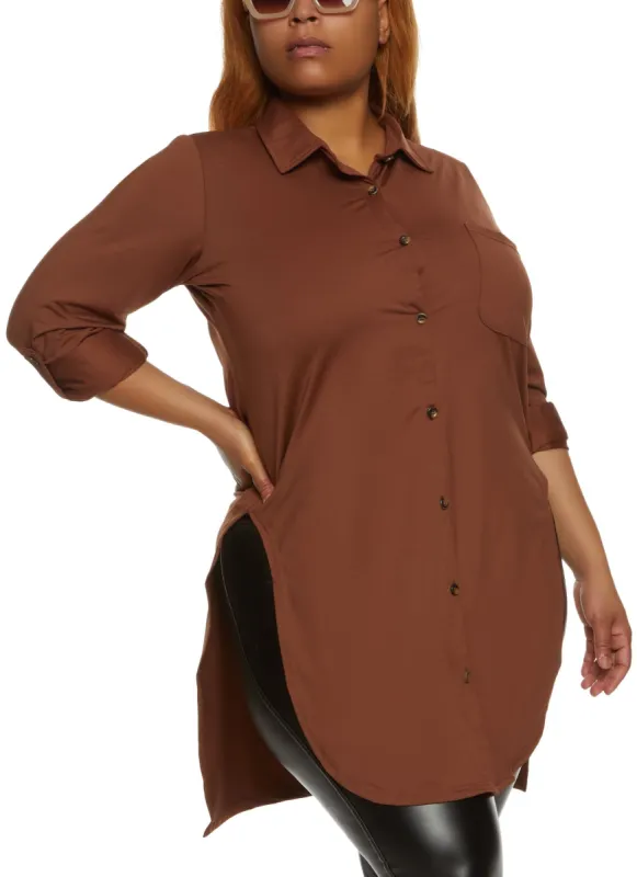 Plus Size Tabbed Sleeve Button Down Tunic Shirt sold by Rainbow