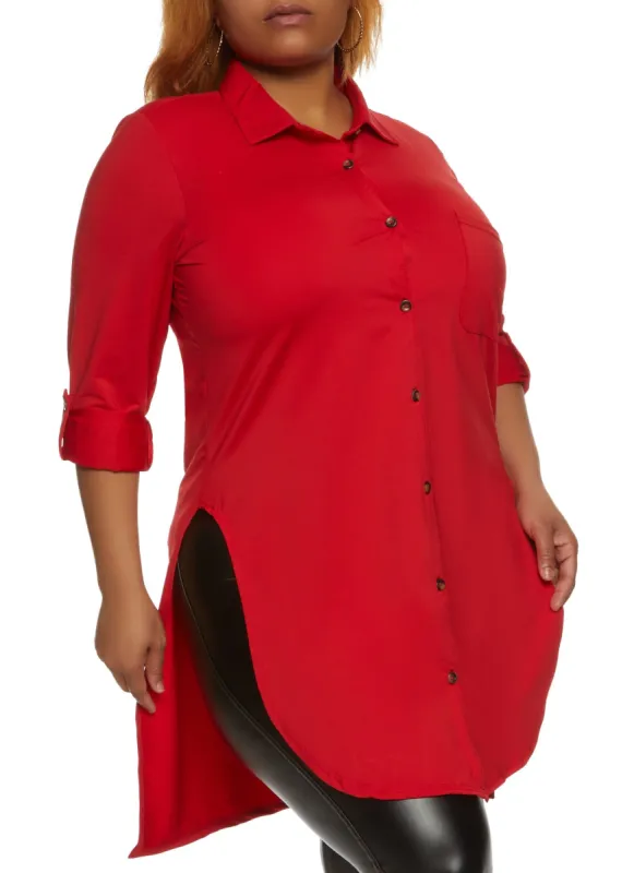 Plus Size Tabbed Sleeve Button Down Tunic Shirt sold by Rainbow