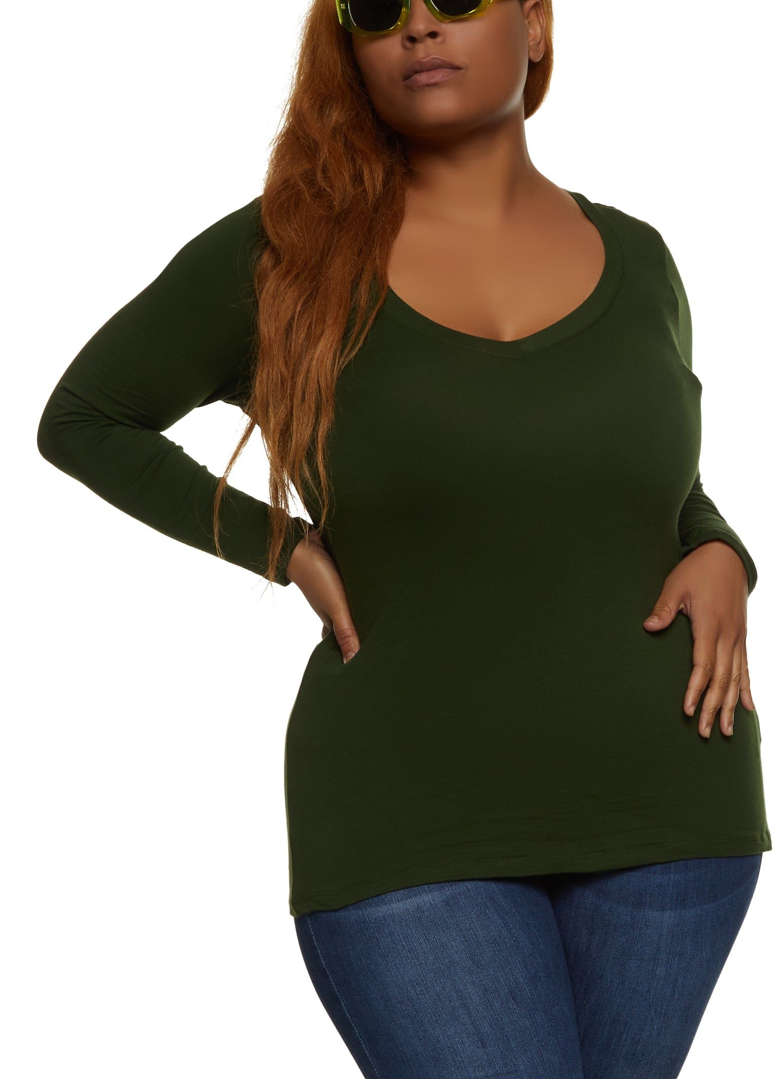 Plus Size Basic V Neck Long Sleeve Tee sold by Rainbow