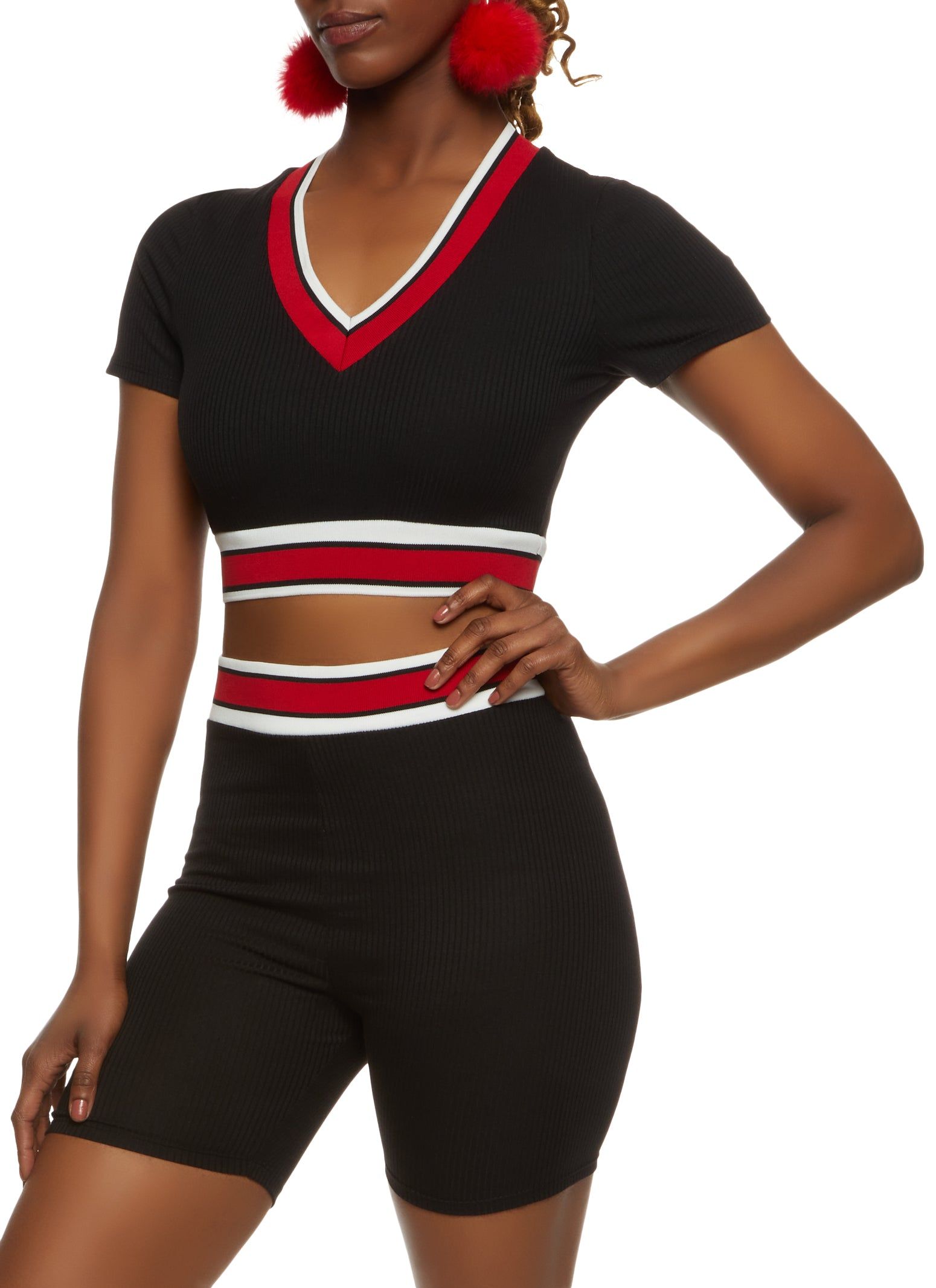 Striped Trim V Neck Crop Top sold by Rainbow