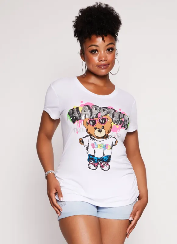 Plus Size Sequin Happier Graphic Tee sold by Rainbow