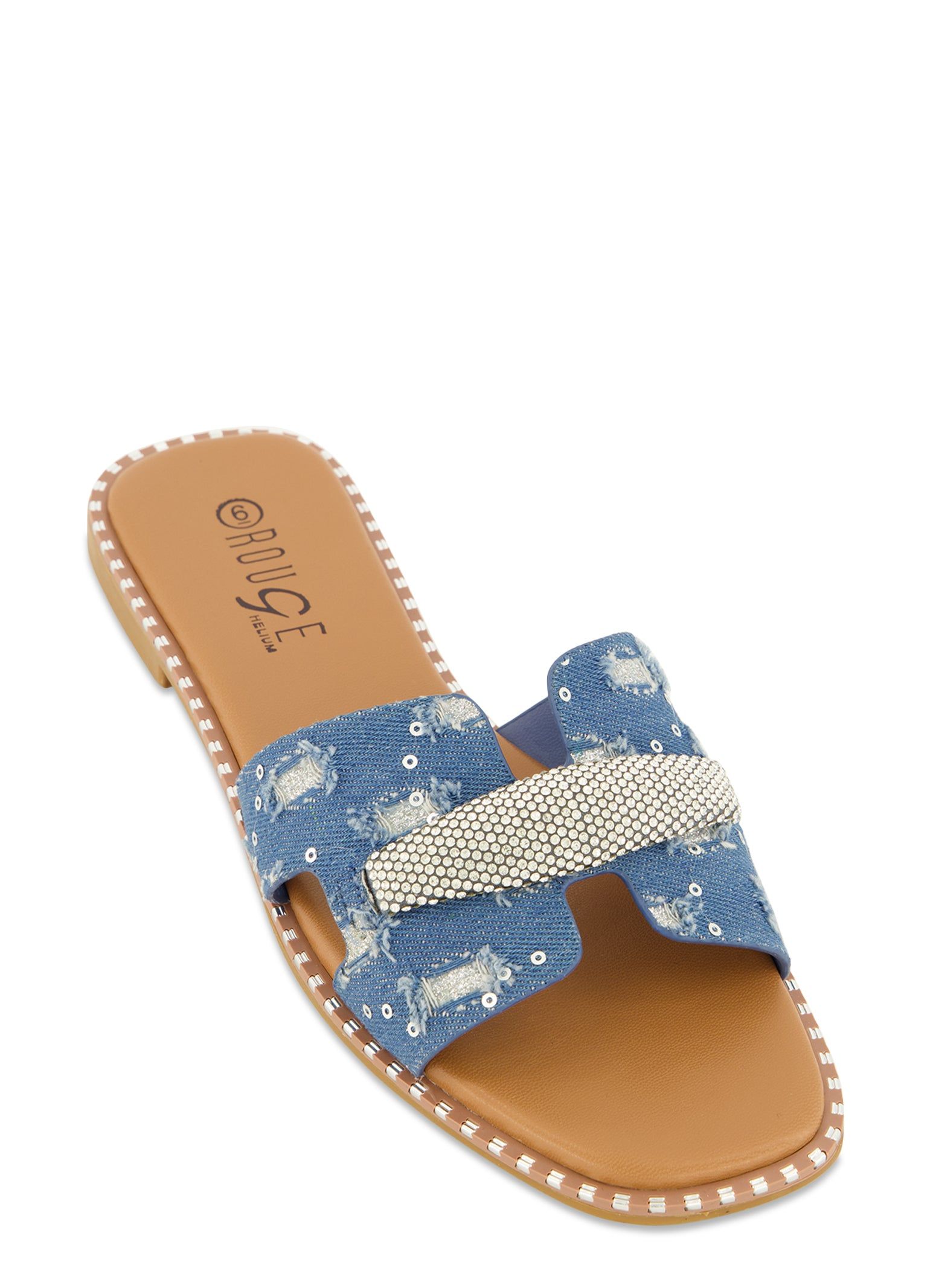 Studded Trim Rhinestone Cut Out Band Slide Sandals sold by Rainbow