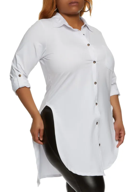 Plus Size Tabbed Sleeve Button Down Tunic Shirt sold by Rainbow