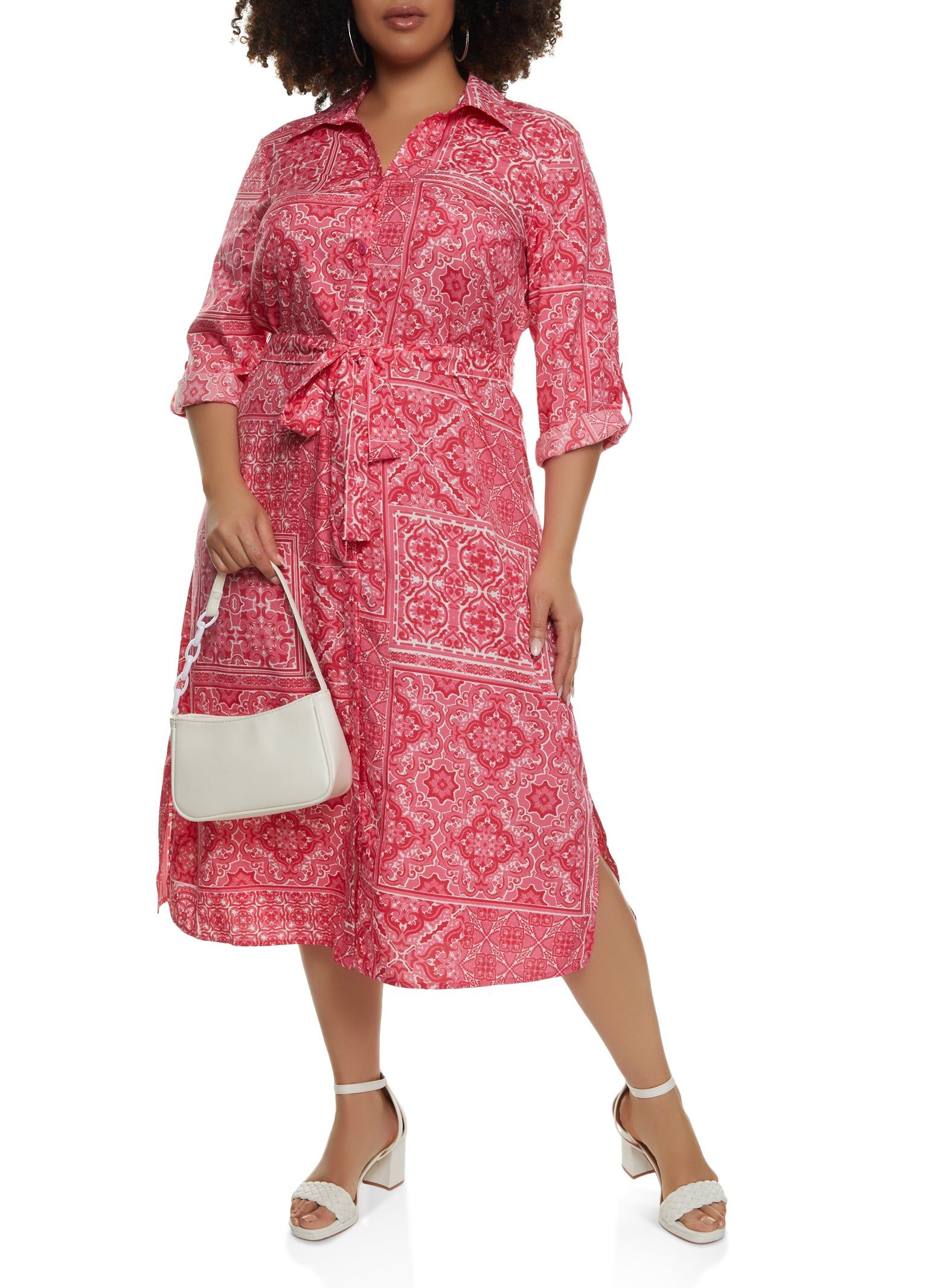Plus Size Border Print Tie Waist Belted Shirt Dress sold by Rainbow