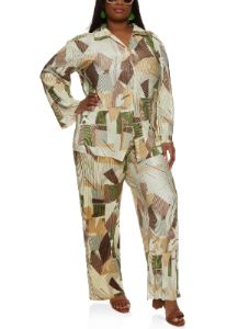 Plus Size Plisse Printed Button Front Shirt sold by Rainbow