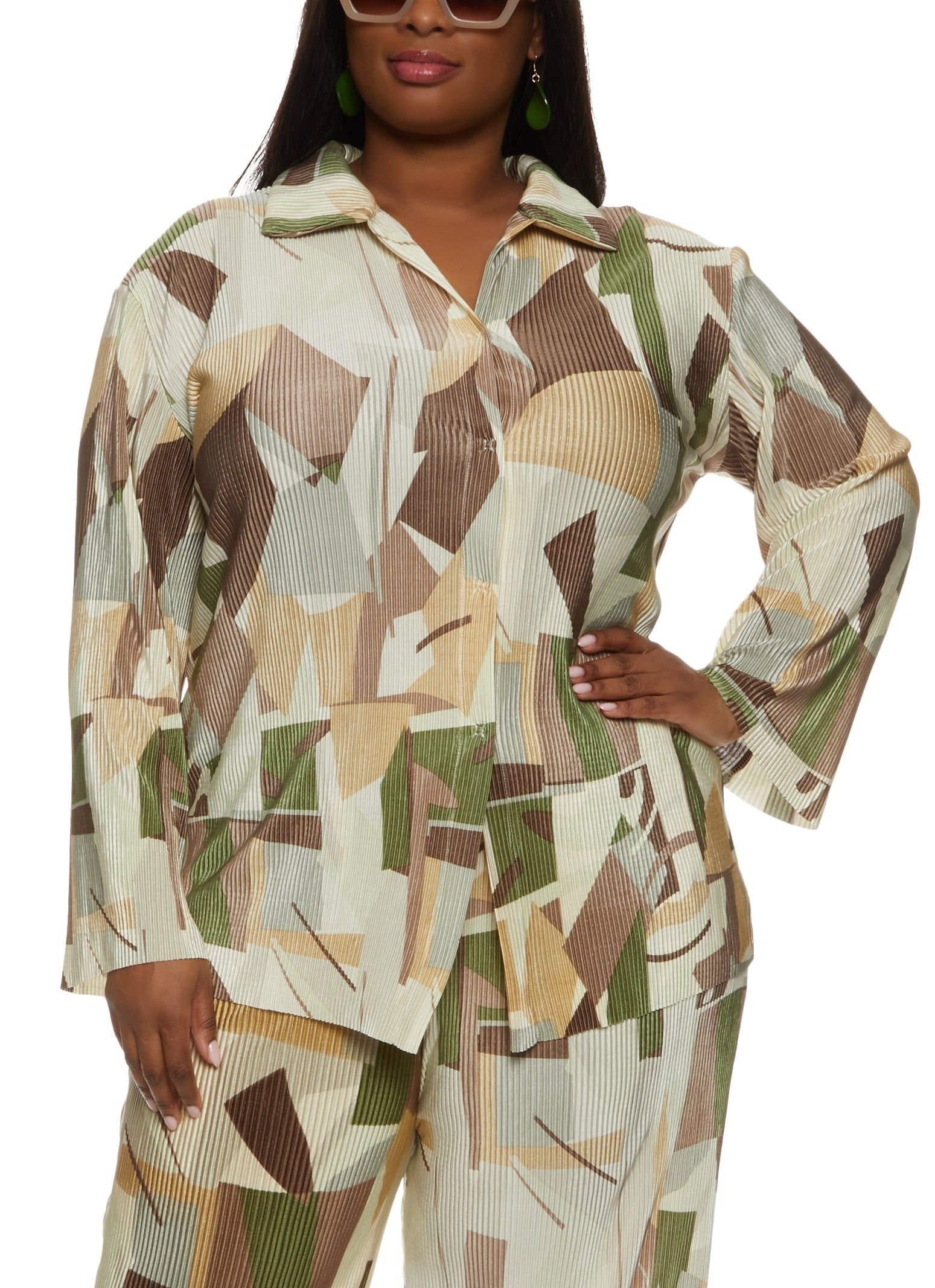 Plus Size Plisse Printed Button Front Shirt sold by Rainbow
