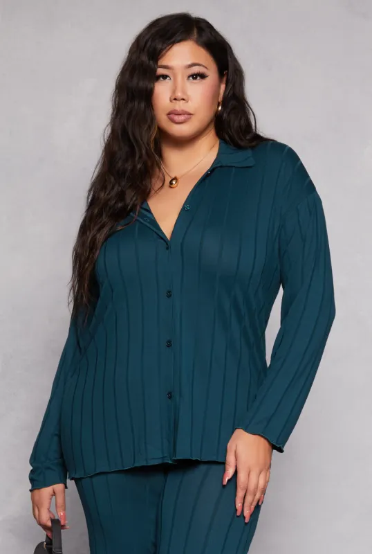 Plus Size Ribbed Button Front Blouse sold by Rainbow