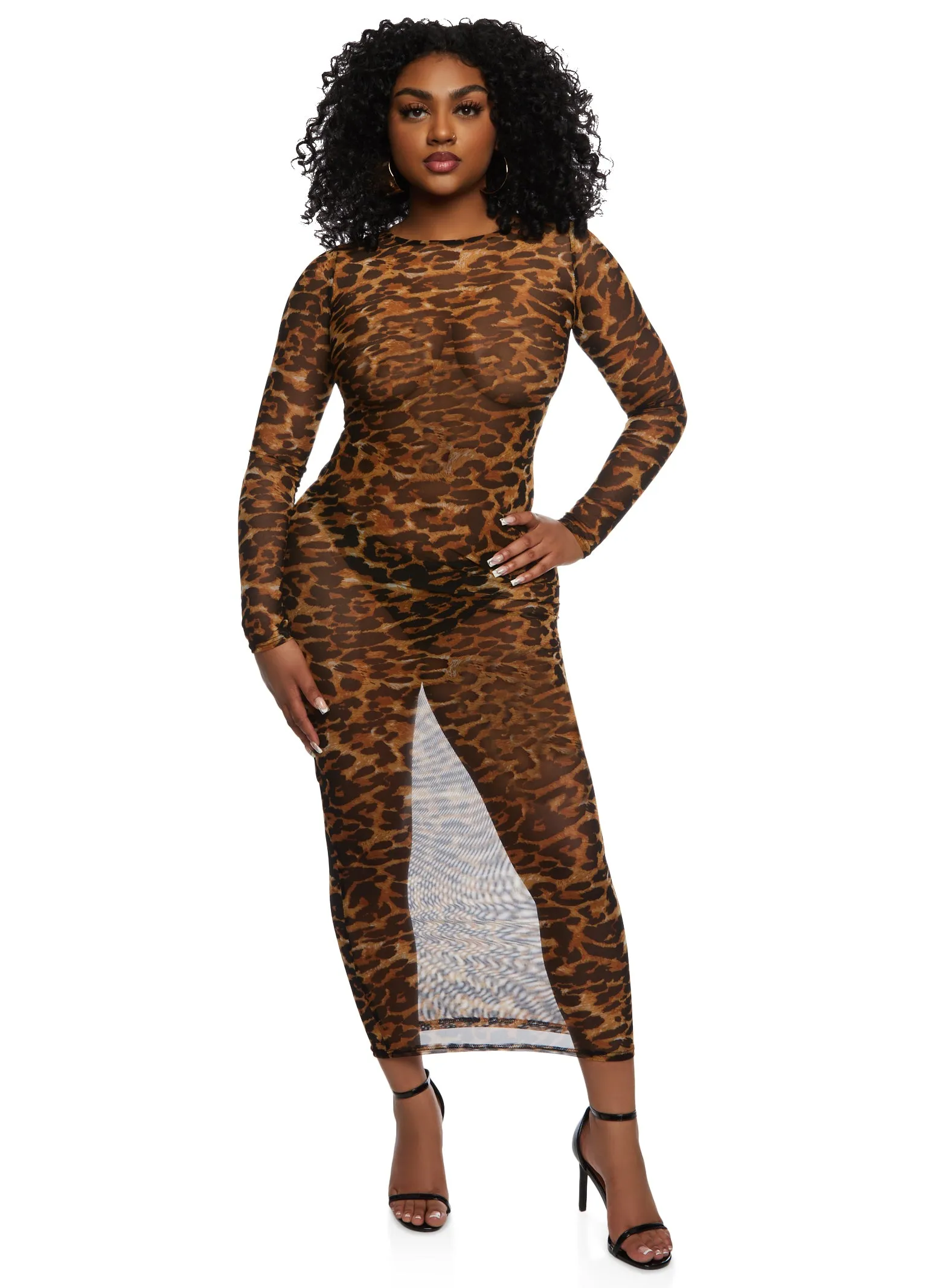 Animal Print Mesh Long Sleeve Maxi Dress sold by Rainbow