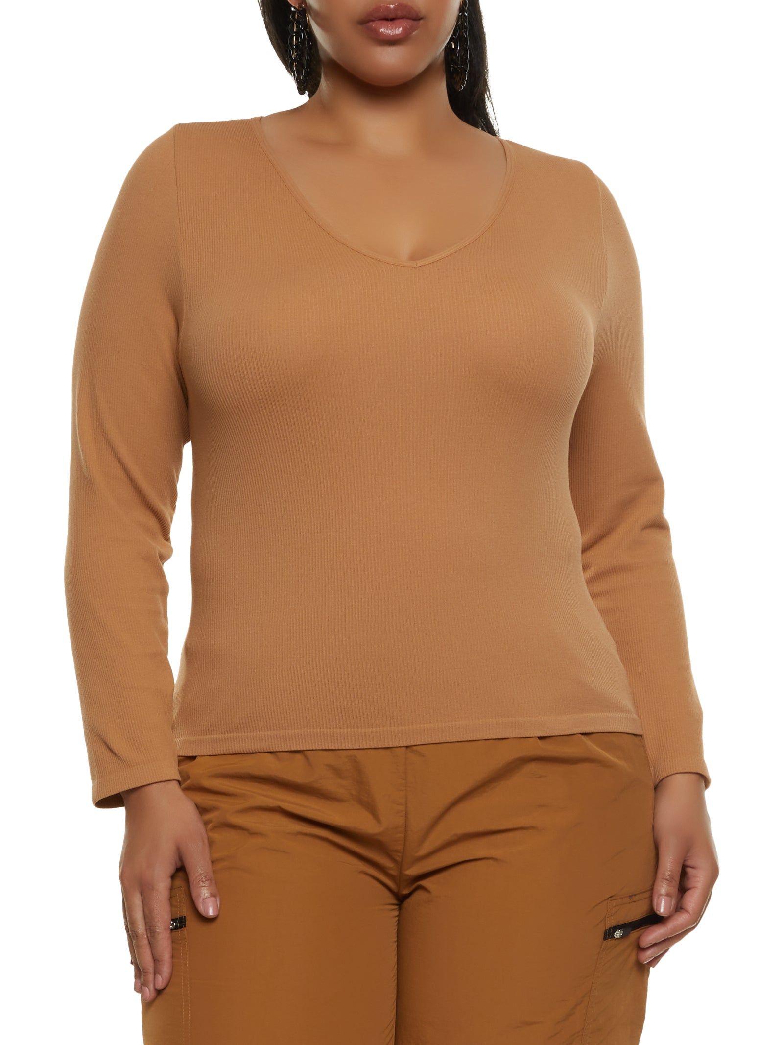 Plus Size Seamless Long Sleeve V Neck Tee sold by Rainbow