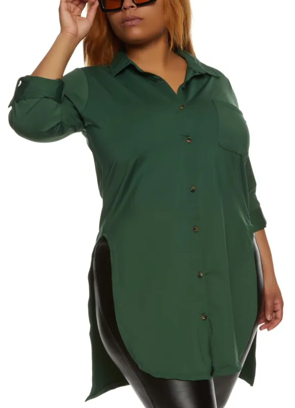 Plus Size Tabbed Sleeve Button Down Tunic Shirt sold by Rainbow