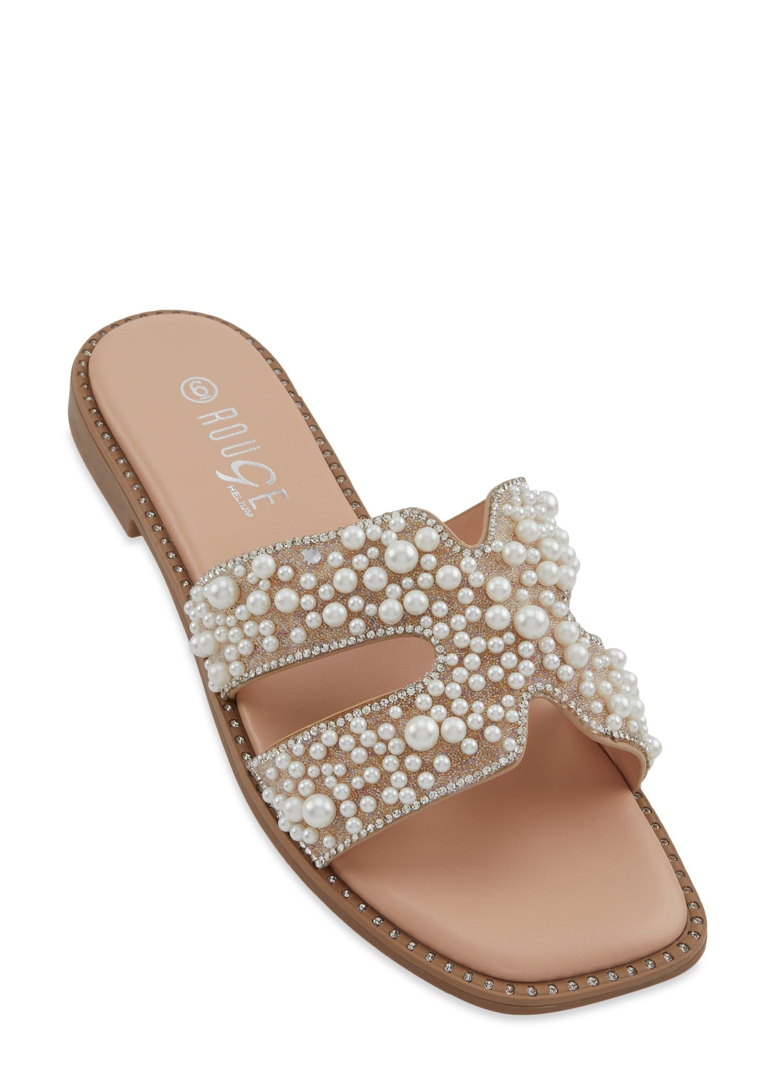 Faux Pearl Studded H Band Slide Sandals sold by Rainbow