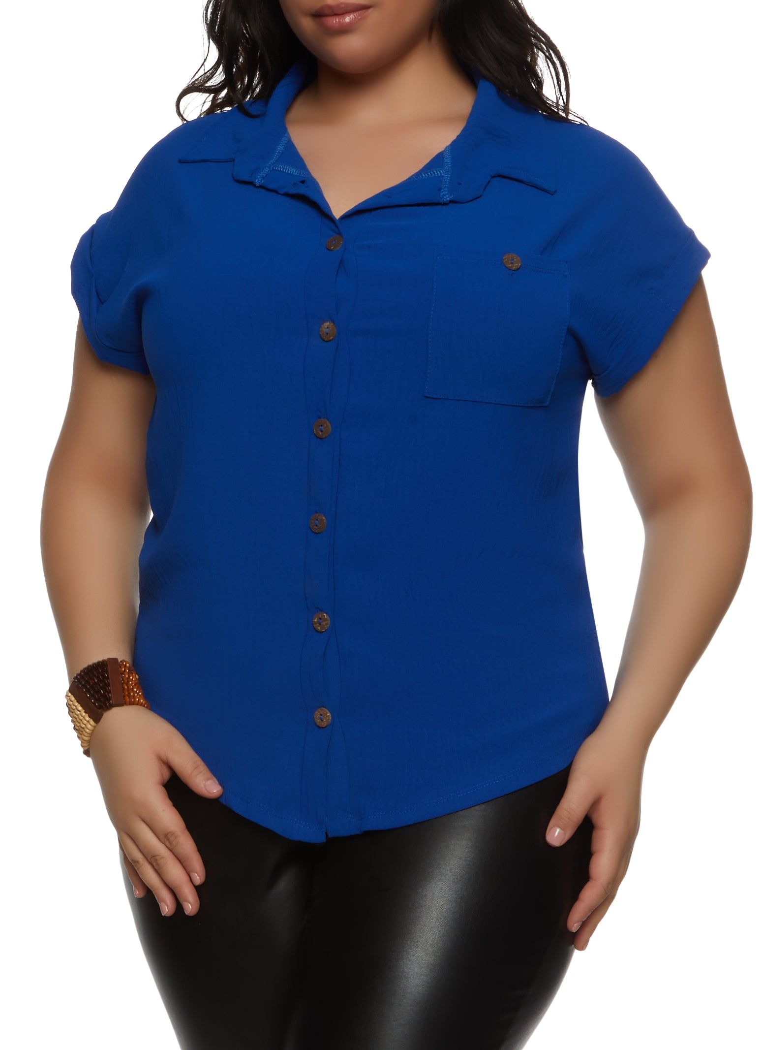 Plus Size Button Front Cap Sleeve Shirt sold by Rainbow