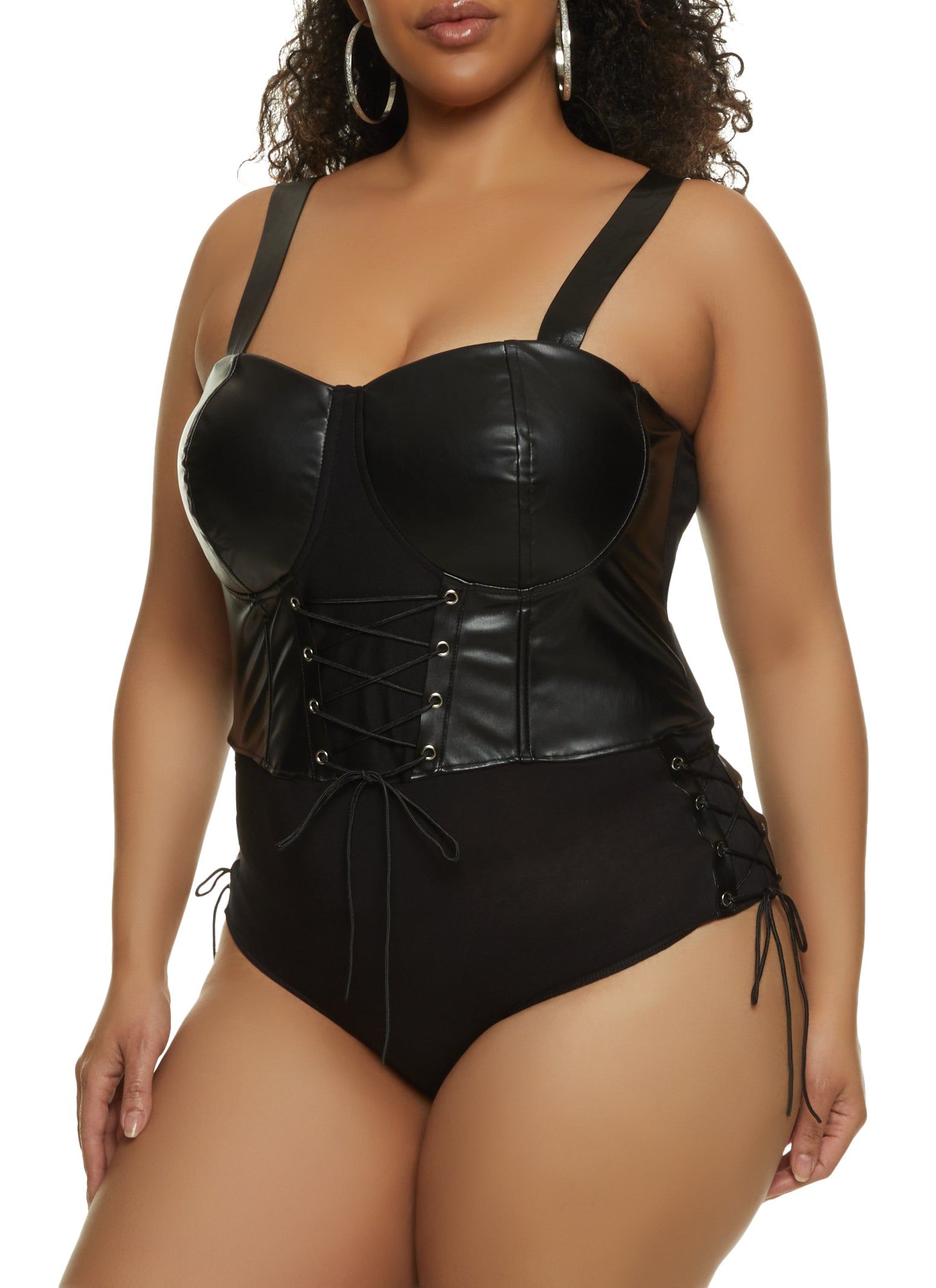 Plus Size Faux Leather Lace Up Detail Bustier Bodysuit sold by Rainbow