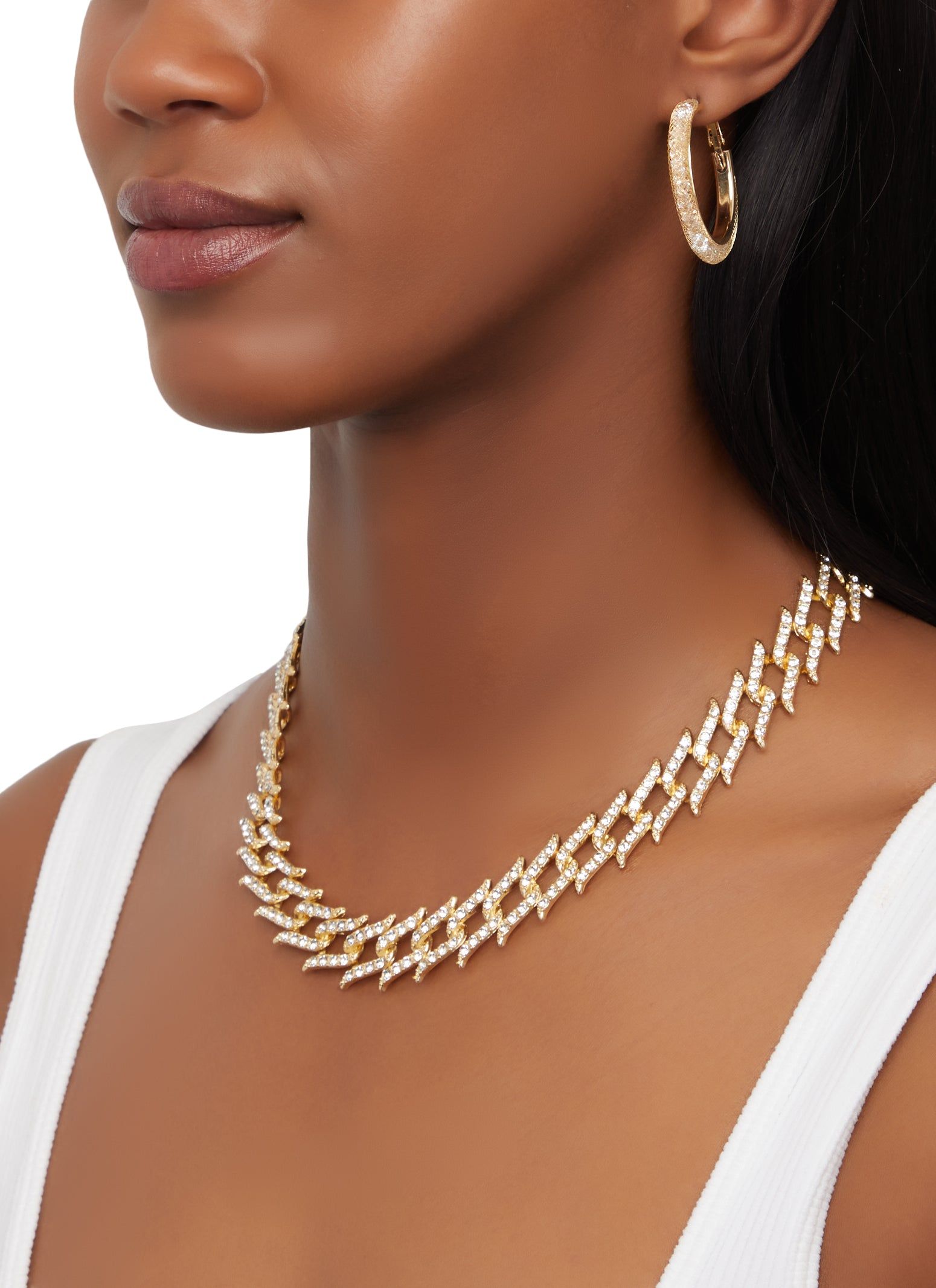 Rhinestone Chain Necklace and Hoop Earrings sold by Rainbow