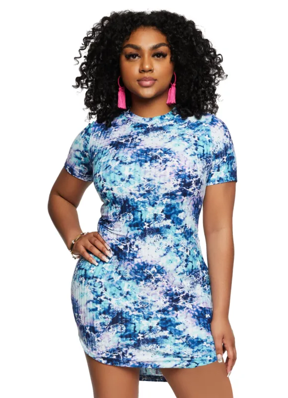 Printed Rib Knit Crew Neck Short Sleeve Mini Dress sold by Rainbow