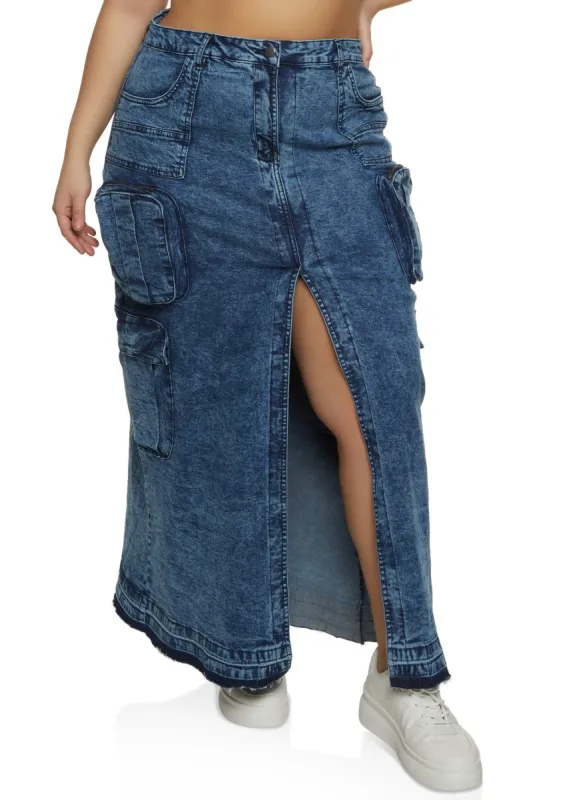 Plus Size Acid Wash Denim Cargo Skirt sold by Rainbow