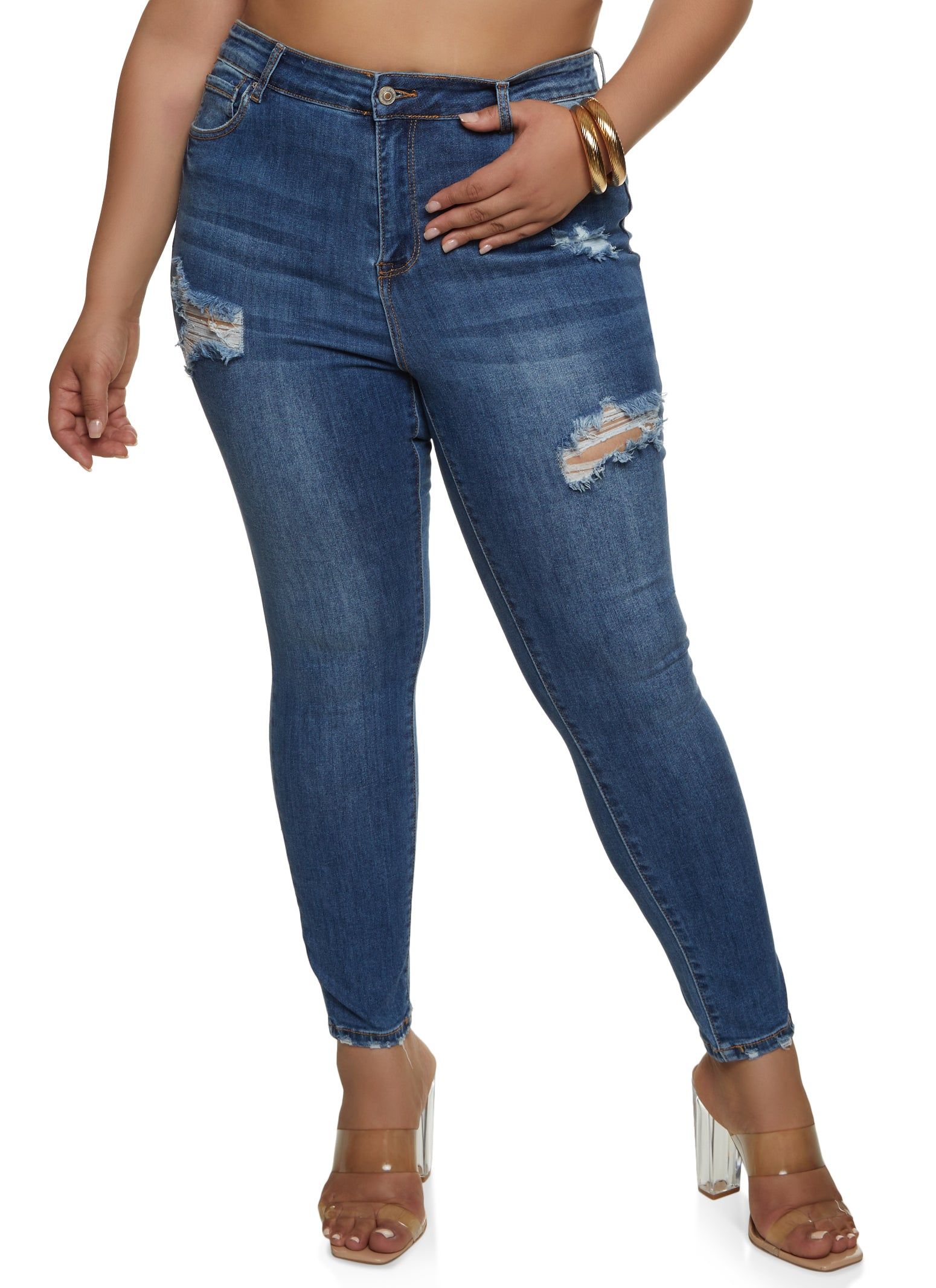 Plus Size WAX Distressed High Rise Skinny Jeans sold by Rainbow