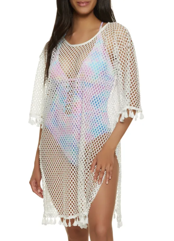 Tassel Trim Fishnet Mini Dress Cover Up sold by Rainbow