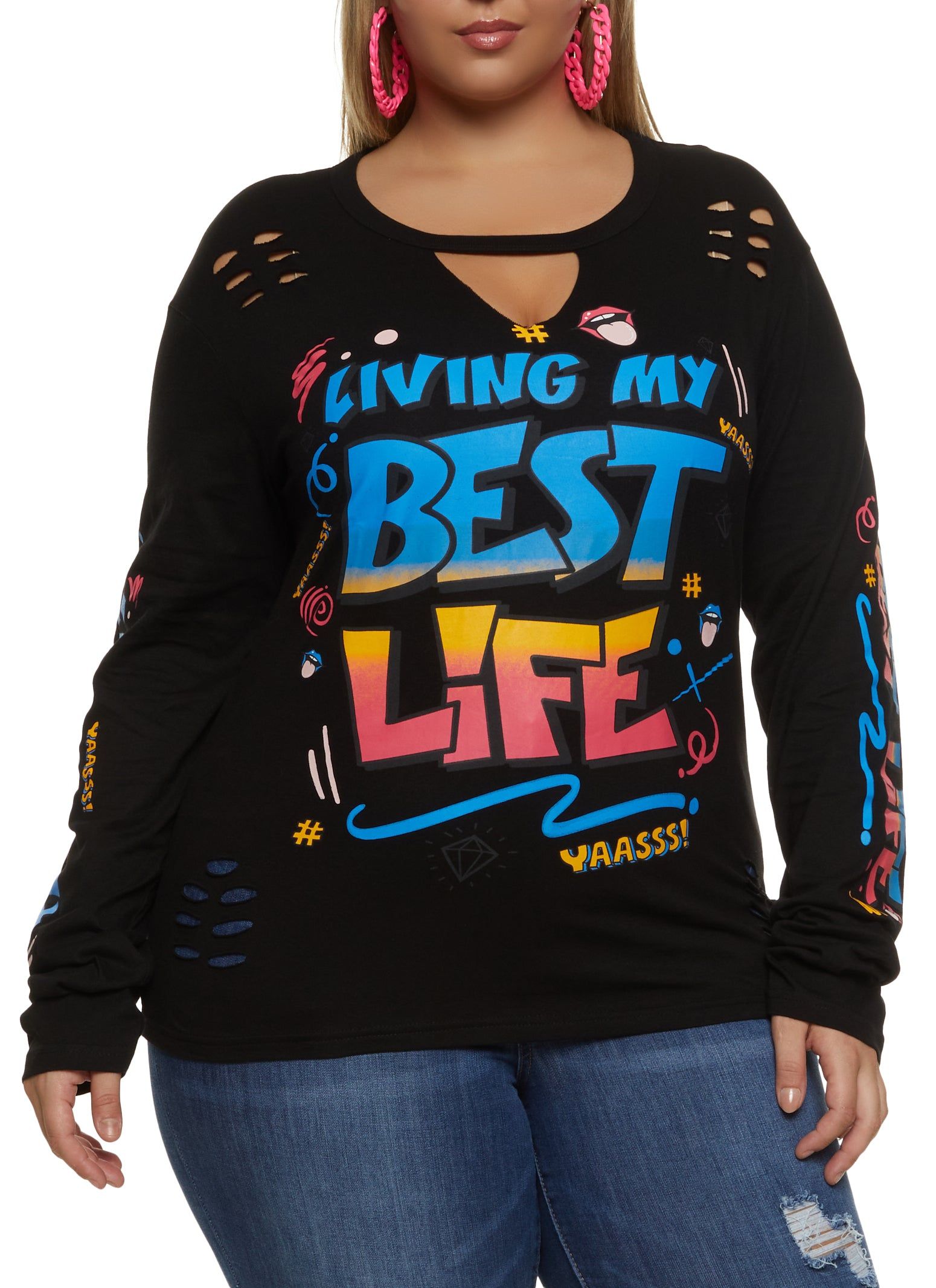 Plus Size Living My Best Life Laser Cut Graphic Tee sold by Rainbow